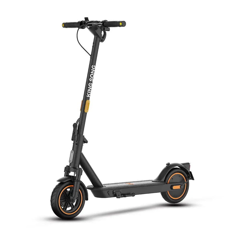 E1 KSE electric scooter side angle view highlighting sleek black frame and folded design
